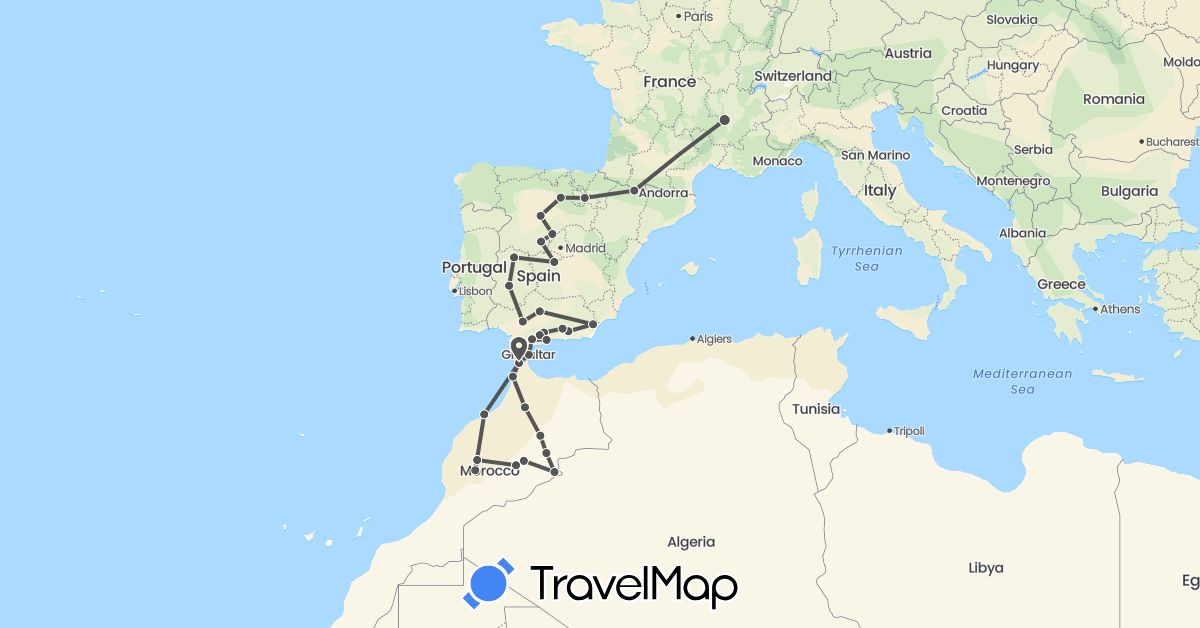 TravelMap itinerary: driving, motorbike in Spain, France, Gibraltar, Morocco (Africa, Europe)